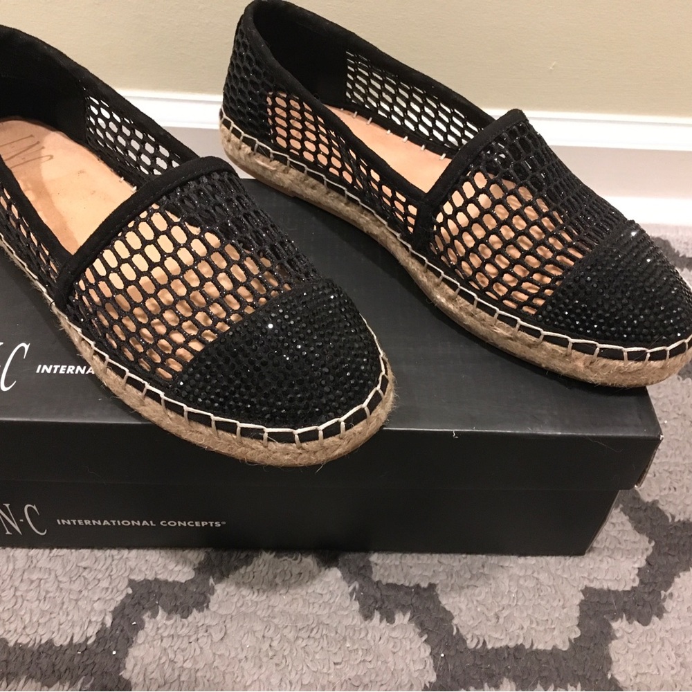 INC International Concepts Women's Black Glitter Mesh Espadrilles